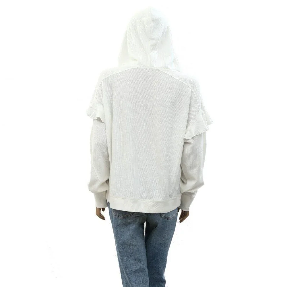 Urban Outfitters UO Thermal Hoodie Blouse Top White Cotton Ruffle L New